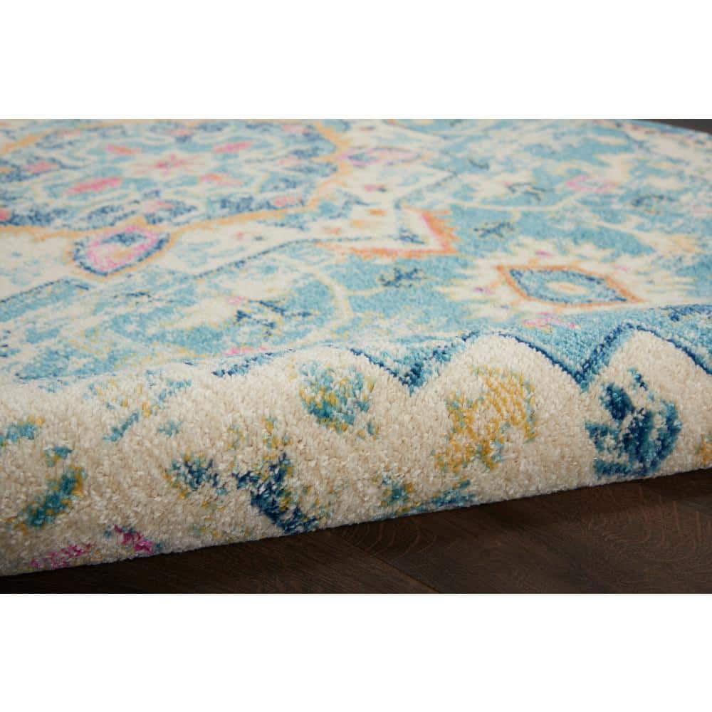 Ivory and Light Blue Floral Synthetic Runner Rug