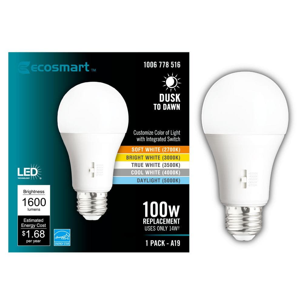 EcoSmart A19 Dimmable CEC Dusk to Dawn LED Light with Selectable Color Temperature (1-Pack) 11A19100WDTD001 - The Home Depot