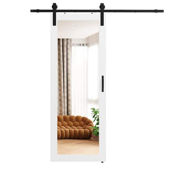 TENONER 30 in. x 84 in. 1 Lite, Mirrored Glass, White, Finished, MDF Sliding Barn Door with Hardware Kit