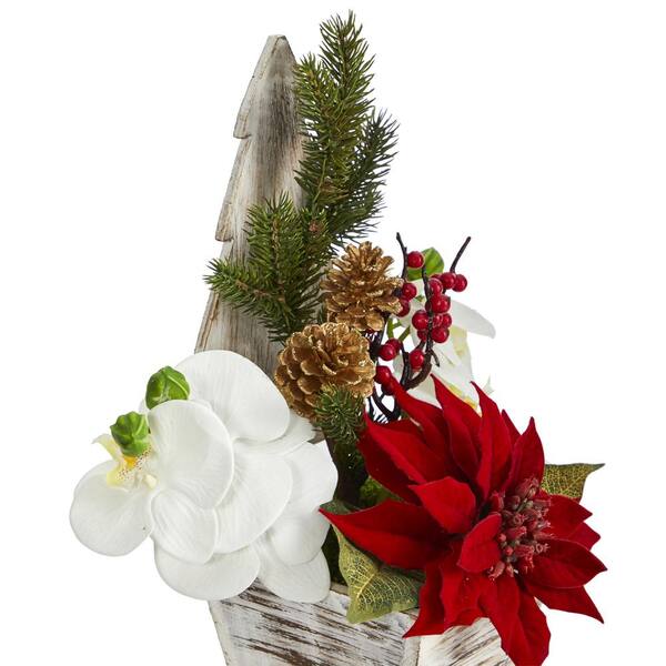 Artificial Christmas Flower Basket Metallic Poinsettia White Berry Holly Ivy 