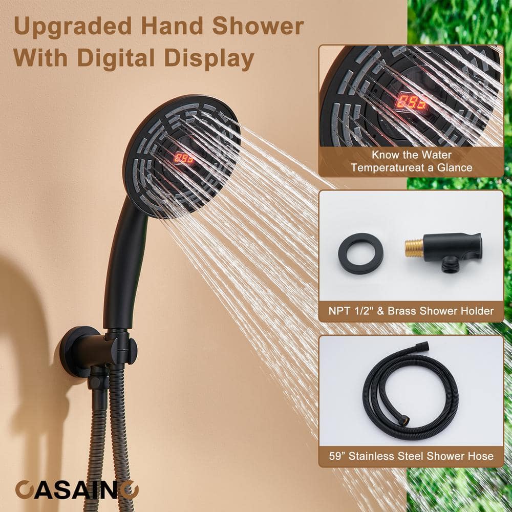 Matte Black Thermostatic Rain Shower System with Digital Display