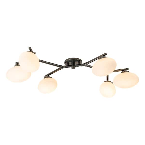 Y'INSP 44.09 in. 6-Light Plating Black Sputnik Semi-Flush Mount with Frosted Glass Shade and No Bulbs Included