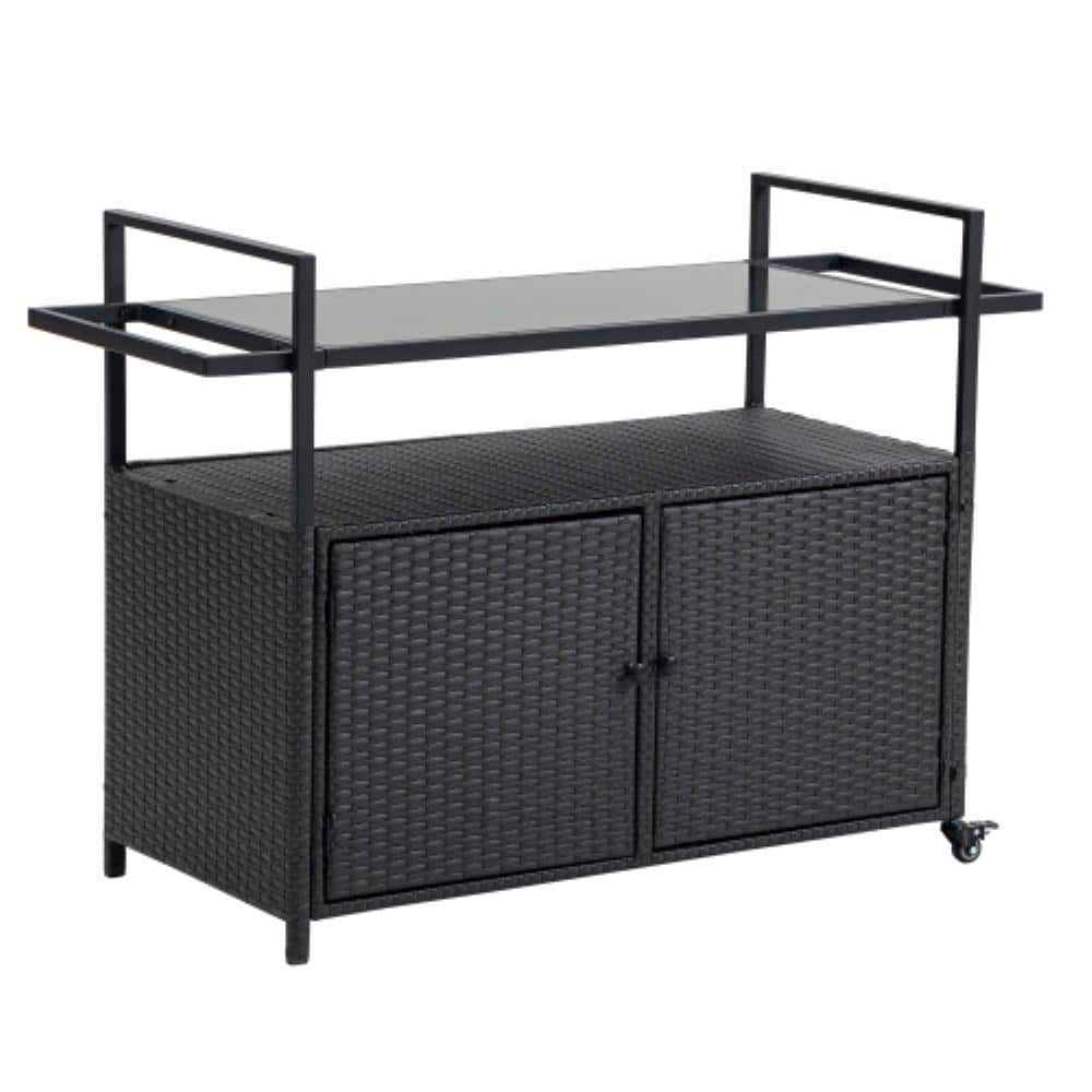 Black Patio Outdoor Wicker Wine Bar Serving Cart with Wheels Rolling Rattan Beverage Bar Counter Table with Glass Top price history on PriceWatchPro