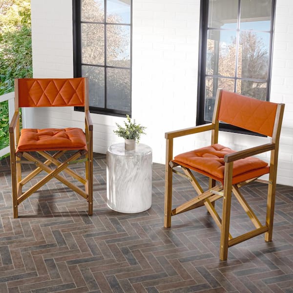 JONATHAN Y Waldo Outdoor Acacia Wood Foldable Diamond-Quilted Back Director Chair with Cushion, Orange/Teak Brown (Set of 2)