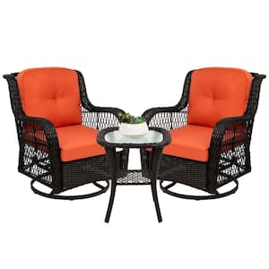 3-Piece Brown Wicker Patio Outdoor Bistro Set with Rust Orange Cushions, Swivel Rocking Chairs, Side Table