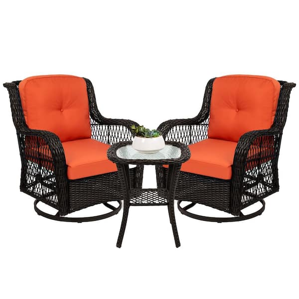 Best Choice Products 3-Piece Brown Wicker Patio Outdoor Bistro Set with Rust Orange Cushions, Swivel Rocking Chairs, Side Table