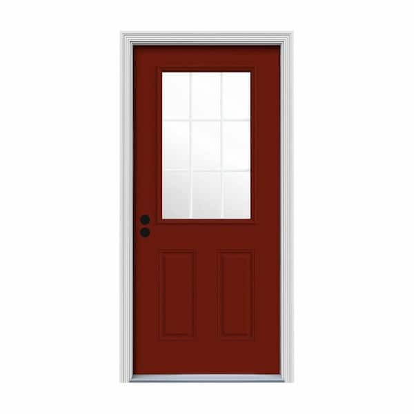 JELD-WEN 30 in. x 80 in. 9 Lite Mesa Red Painted Steel Prehung Right-Hand Inswing Entry Door w/Brickmould