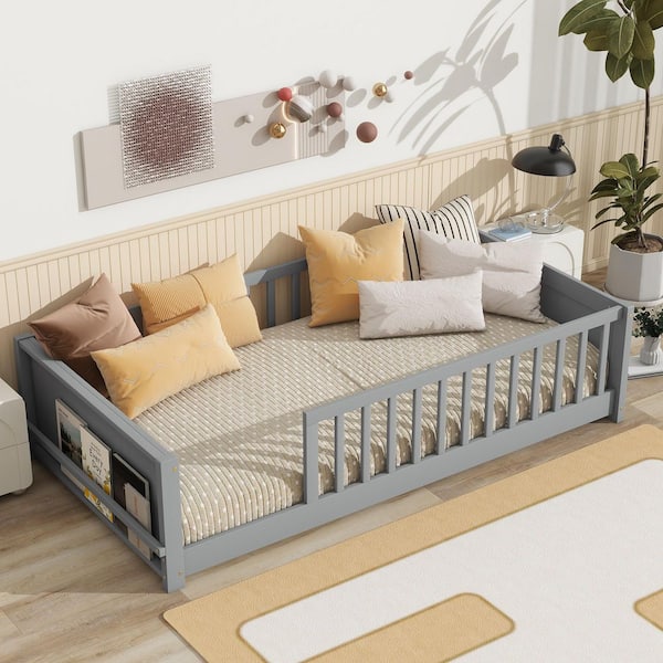 Harper & Bright Designs Gray Wood Frame Twin Size Floor Platform Bed with Book Storage Rack and Guardrails
