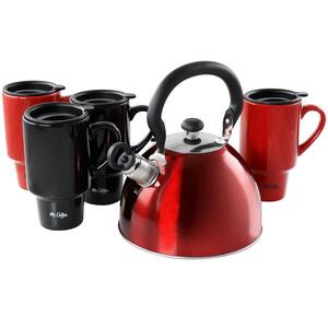 5-Piece Red and Black 7-Cup Stainless Steel Whistling Tea Kettle and Travel Mug Set