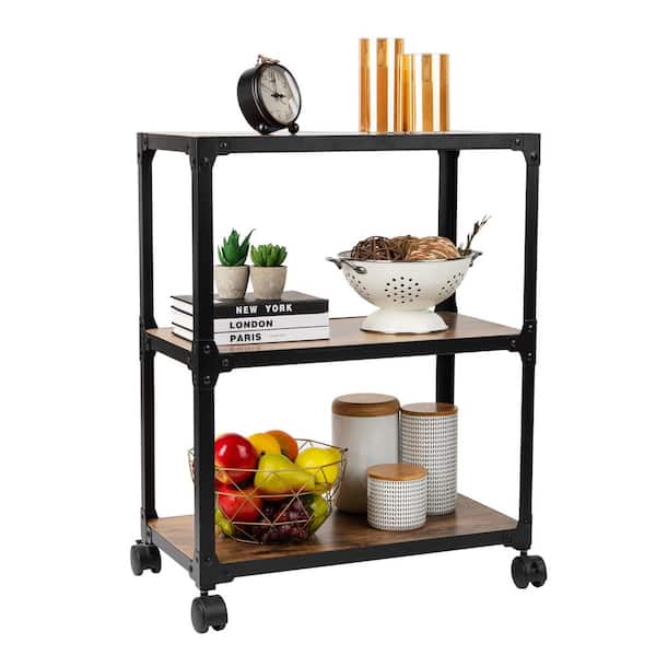 Mind Reader 3-Tier Wood/Metal 4-Wheeled Rolling Bar Cart Microwave Stand in Brown