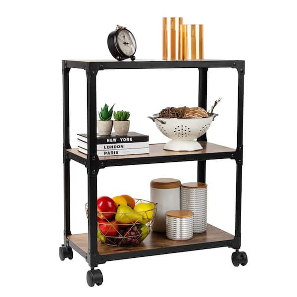 3-Tier Wood/Metal 4-Wheeled Rolling Bar Cart Microwave Stand in Brown