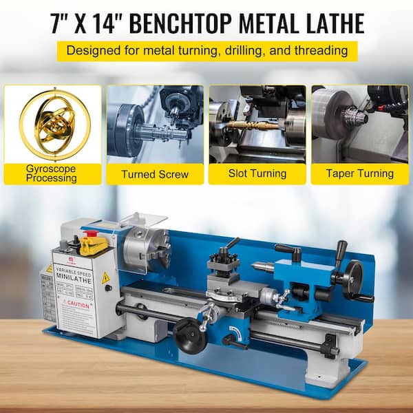 Metal Lathe 7 in. x 14in. Precision Bench Top Mini Metal Lathe 550Watt Precision Metal Lathe Variable Speed 50-2500 RPM