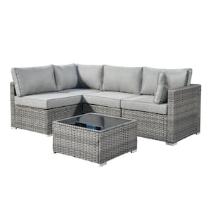 Sanibel Gray 5-Piece Wicker Patio Conversation Sofa Sectional Set with Dark Gray Cushions