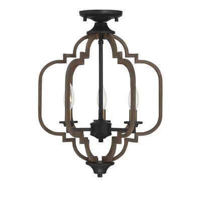 14 in. 3-Light Barrelwood with Brass Accents Semi-Flush Mount