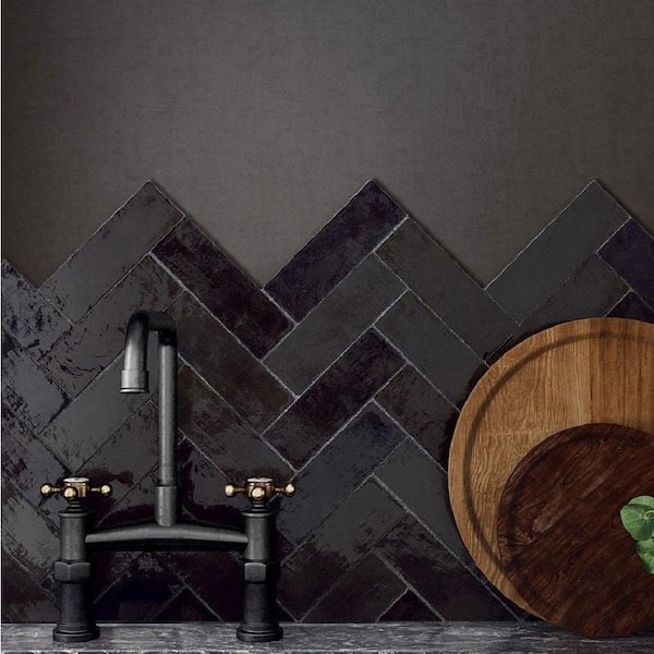 Apollo Tile Black 2.5 in. x 8 in. Polished and Honed Ceramic