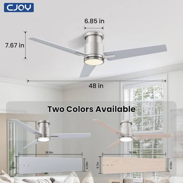 48 in. W 3-Blade Ceiling Fans in Brushed Nickel with Dimmable Color LED Lights and Remote, 6 Speeds Quiet Reversible DC