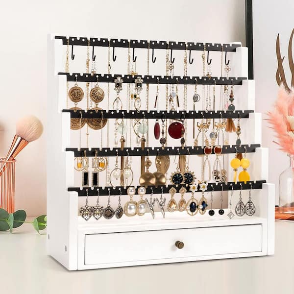 White 11.5 in. x 12 in. Wood Rustic Jewelry Organizer Stand