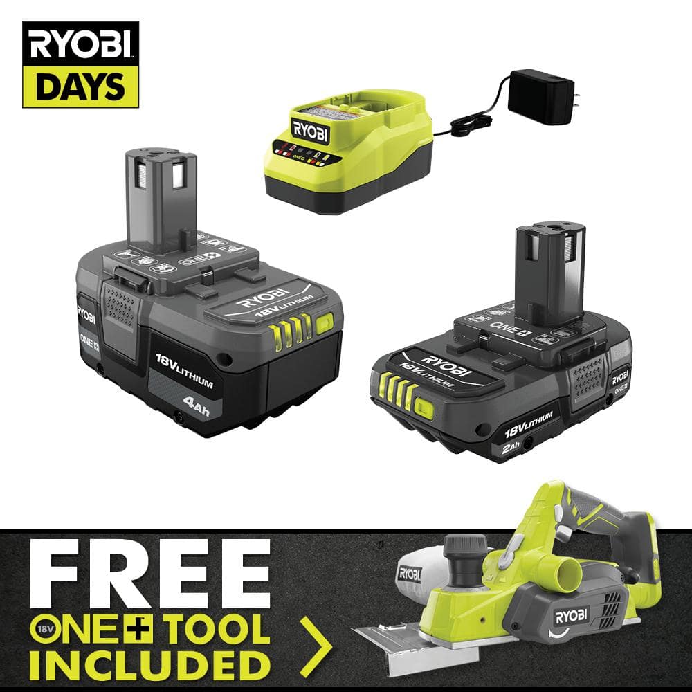 RYOBI ONE+ 18V Lithium-Ion 4.0 Ah Battery, 2.0 Ah Battery, and Charger Kit with ONE+ Cordless 3-1/4 in. Planer