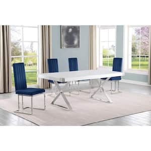 Miguel 5-Piece Rectangle White Wood Top Silver Stainless Steel Dining Set with 4 Navy Blue Velvet Chairs