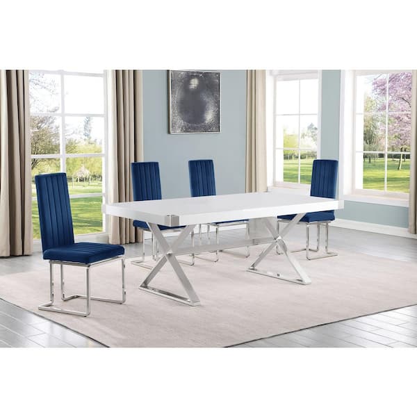 Best Quality Furniture Miguel 5-Piece Rectangle White Wood Top Silver Stainless Steel Dining Set with 4 Navy Blue Velvet Chairs