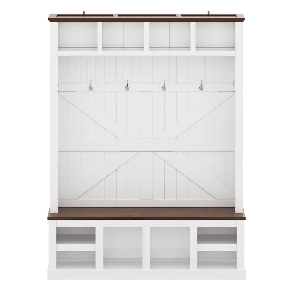 Farmhouse 59.1 in. Hall Tree with Bench and Shoe Storage White+Walnut Engineered Wood price history on PriceWatchPro
