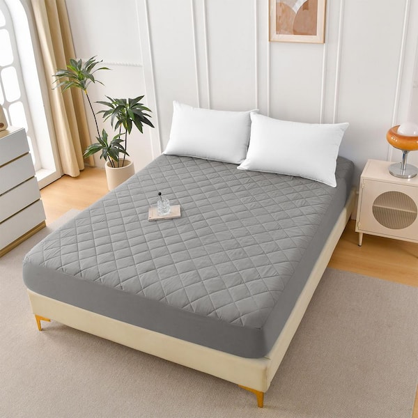 Queen Size Gray Polyester Diamond Grid Ultrasonic Waterproof Mattress Protector Soft Fabric