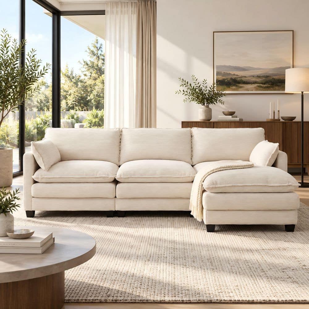 102 in. Square Arm 2-Piece Corduroy L-Shaped Sofa with Movable Ottoman Sectional Sofa in. Yellow