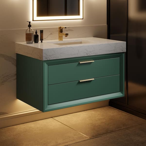 ExBrite Solidoak 36 in. W x 20.9 in. D x 21.3 in. H Single Sink Bath Vanity in Green with White Cultured Marble Top