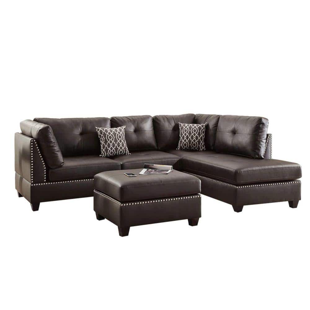 SIMPLE RELAX Bobkona Viola 104 in. W Armless 3-Piece Faux Leather L Shaped Tufted Sectional Sofa with Reversible Chaise in Brown, Espresso Brown -  SR016973