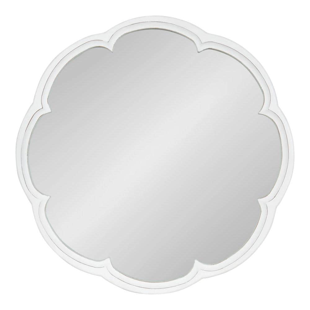 Maren 26" Distressed White Round Wooden Scallop Vanity Mirror