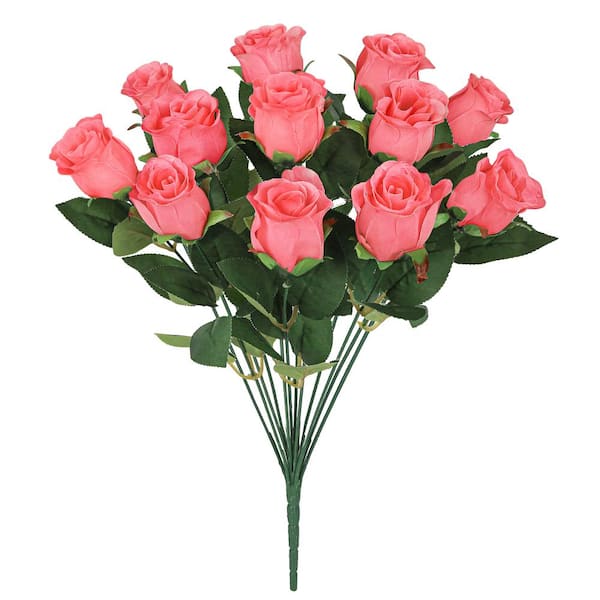 LIVING LUXURY 19.5 in. Coral Artificial Rose Bud Flower Stem Bush Bouquet (Set of 2)
