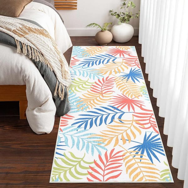 Modern Botanical Printed Short Pile Washable Living Room Rug Colorful 2 ft. x 6 ft. Area Rug