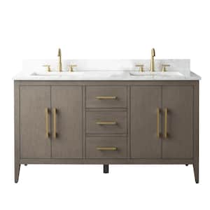 60 in. W x 22 in. D x 34 in. H Double-Sink Bath Vanity in Driftwood Gray with Engineered Marble Top in Arabescato White