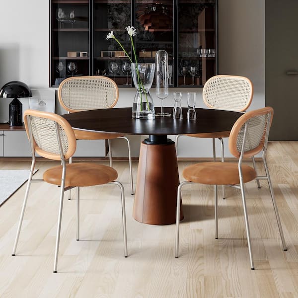 LUE BONA 18 in. Whiskey Brown Rattan Counter Height Bar Stools with Faux Leather Seat (Set of 4)