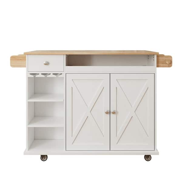White Solid Wood MDF Kitchen Cart with Solid Wood Tabletop and Wine Glasses Holder