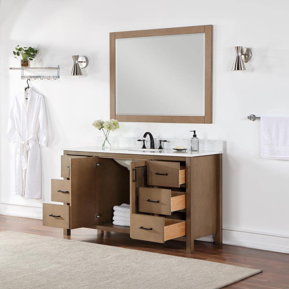 Hadiya 60" Brown Pine Vanity with White Composite Stone Countertop