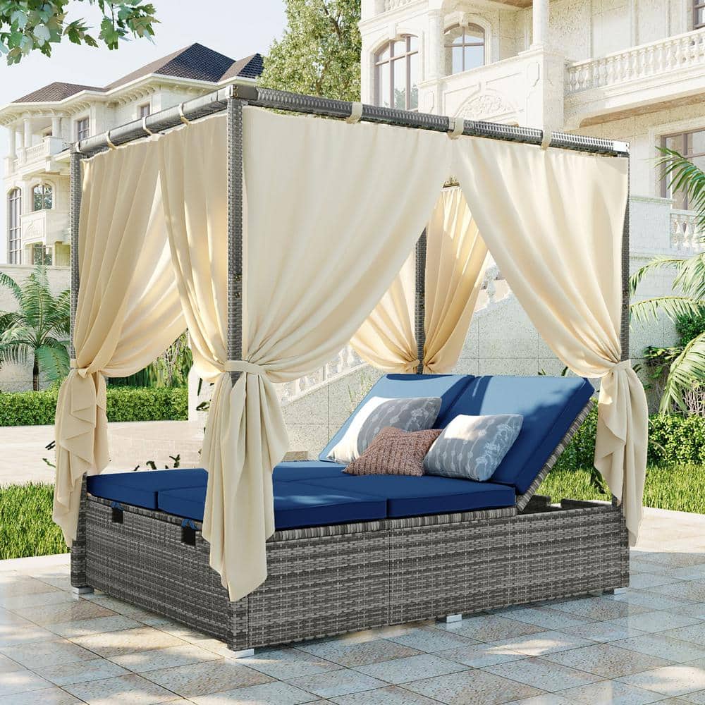 Harper & Bright Designs Gray Wicker Outdoor Day Bed with Blue Cushions with Canopy