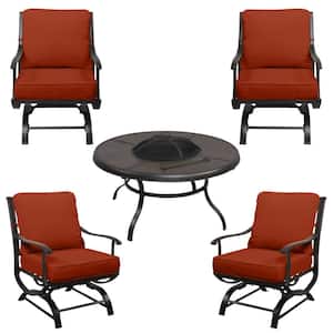 Redwood Valley Black 5-Piece Steel Outdoor Patio Fire Pit Seating Set with CushionGuard Quarry Red Cushions