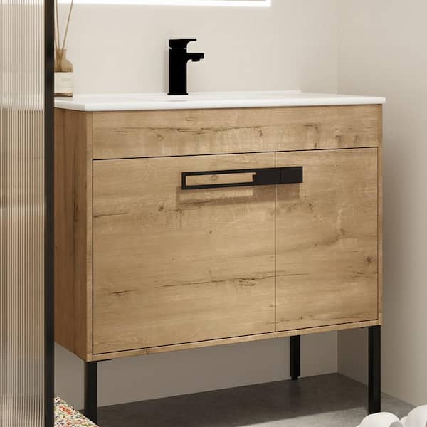 MYCASS SUGUR 36 in. W x 18. in D. x 35 in. H Bath Vanity and Top with Basin in Burlywood with White Resin Sink and Top