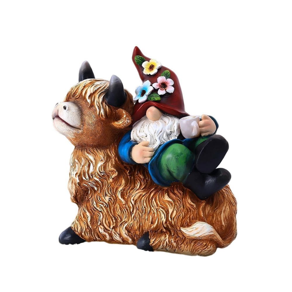 Garden Gnomes Decor Outdoor Statues Gnome on Highland Cow Hold