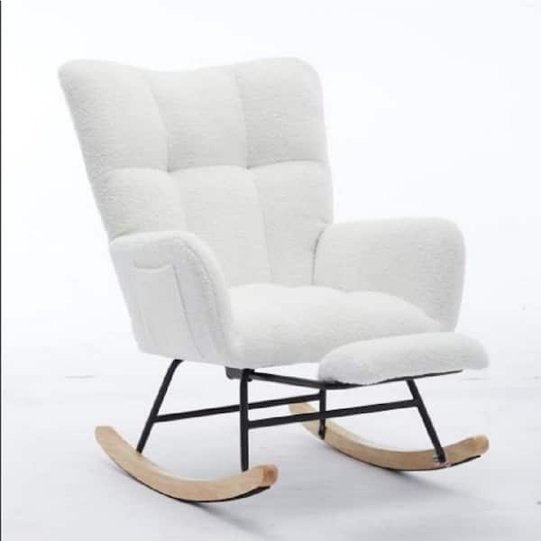 Runesay 35.4 in. W Black Metal Outdoor Rocking Chair with White Cushions and High Backrest