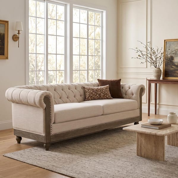 CHRISTOPHER KNIGHT HOME Retro Style 79 in. W Rolled Arm Polyester Fabric Rectangle Sofa in Beige with Button-Tufted Backrest, Wooden Legs NH760WTF005A