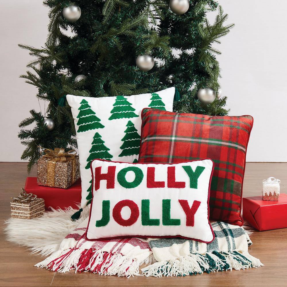 Red Plaid Chenille 18" Square Holiday Throw Pillow