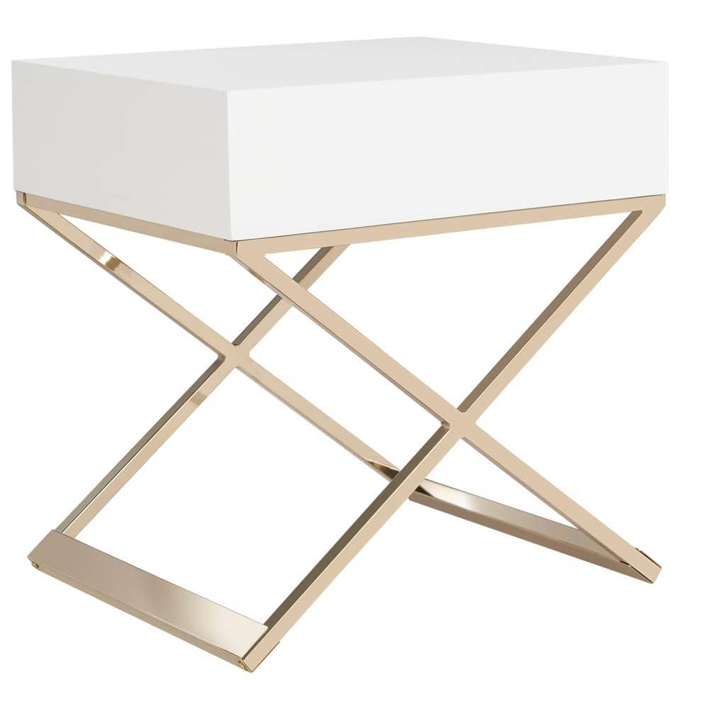 White Rectangular Wood and Metal End Table with Storage