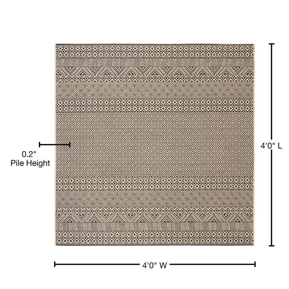 Beige and Black Geometric Square Indoor/Outdoor Rug, 4' x 4'