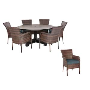 Grayson Brown 7-Piece Wicker Round Outdoor Dining Set with Performance Acrylics Classic Blue Cushions