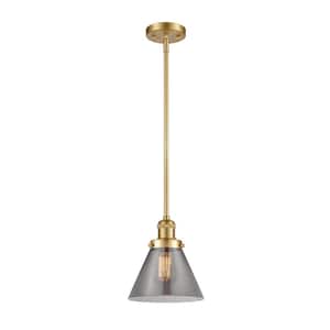 Cone 1-Light Satin Gold Shaded Pendant Light with Plated Smoke Glass Shade