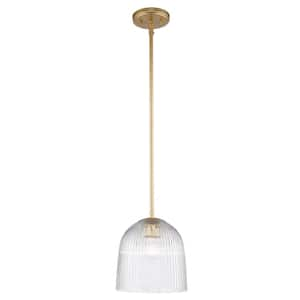 Meadow Glow 8.5 in. 1-Light Gold Hanging Mini Pendant Light Fixture with Clear Glass Reeded Shade