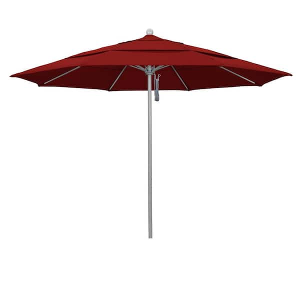 California Umbrella 11 ft. Gray Woodgrain Aluminum Commercial Market Patio Umbrella Fiberglass Ribs and Pulley Lift in Jockey Red Sunbrella