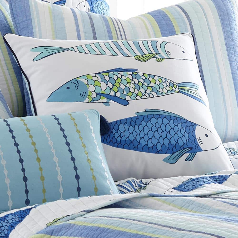 White and Blue Marine Fish Print Feather Throw Pillow